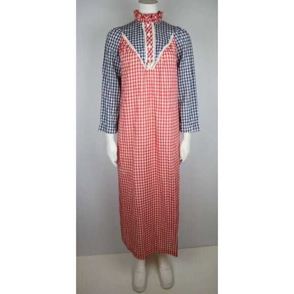 VINTAGE 1970s 70s WOMEN'S RED & BLUE PLAID NIGHTGOWN - CHERRI LYNN - SMALL - Picture 1 of 8
